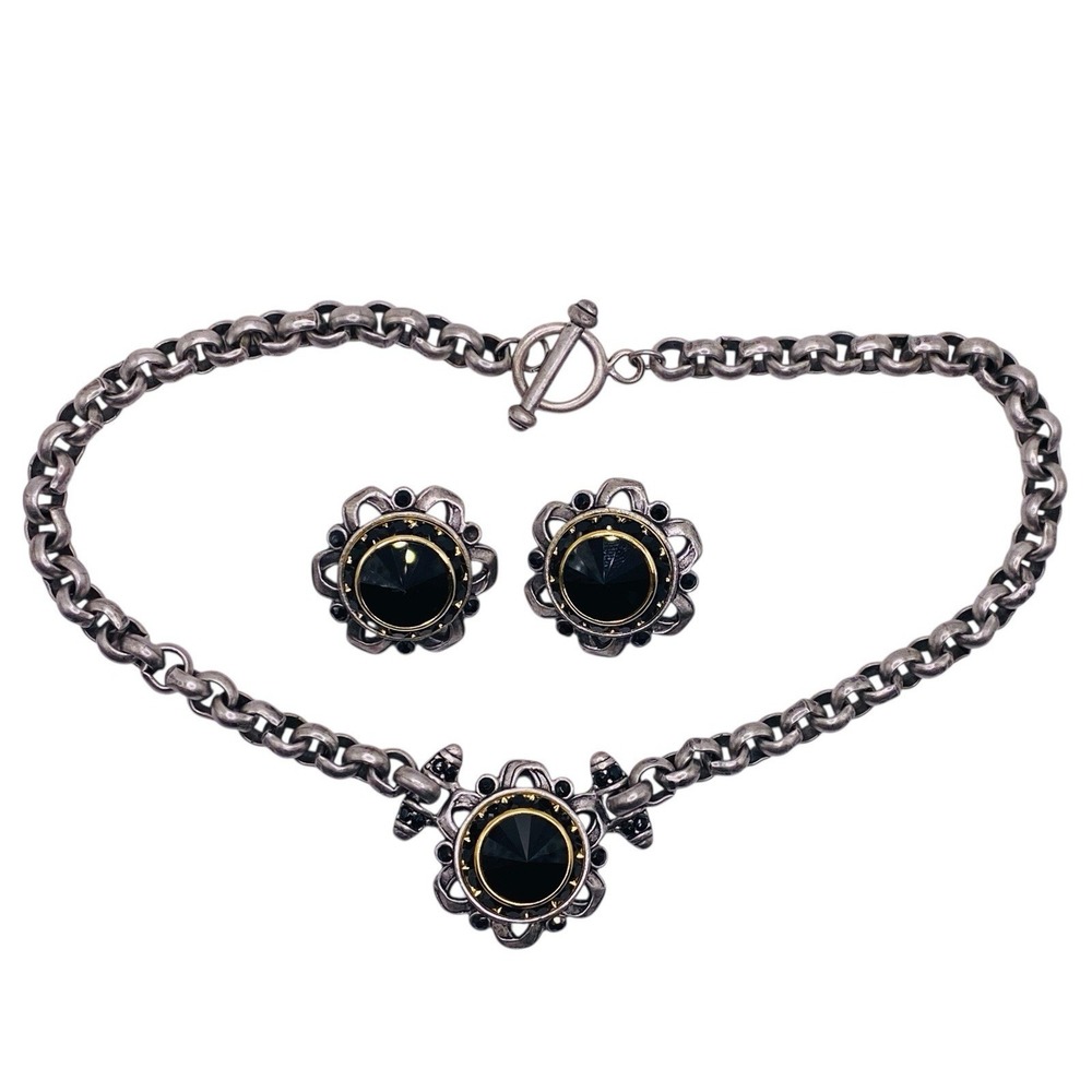 Vtg 2-Tone Renaissance Revival Black Rhinestone Chunky Necklace Clip Earring Set